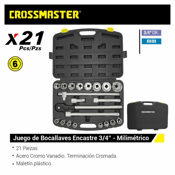 Juego De Bocallaves 21 Piezas Métricas Encastre 3/4″ Crossmaster